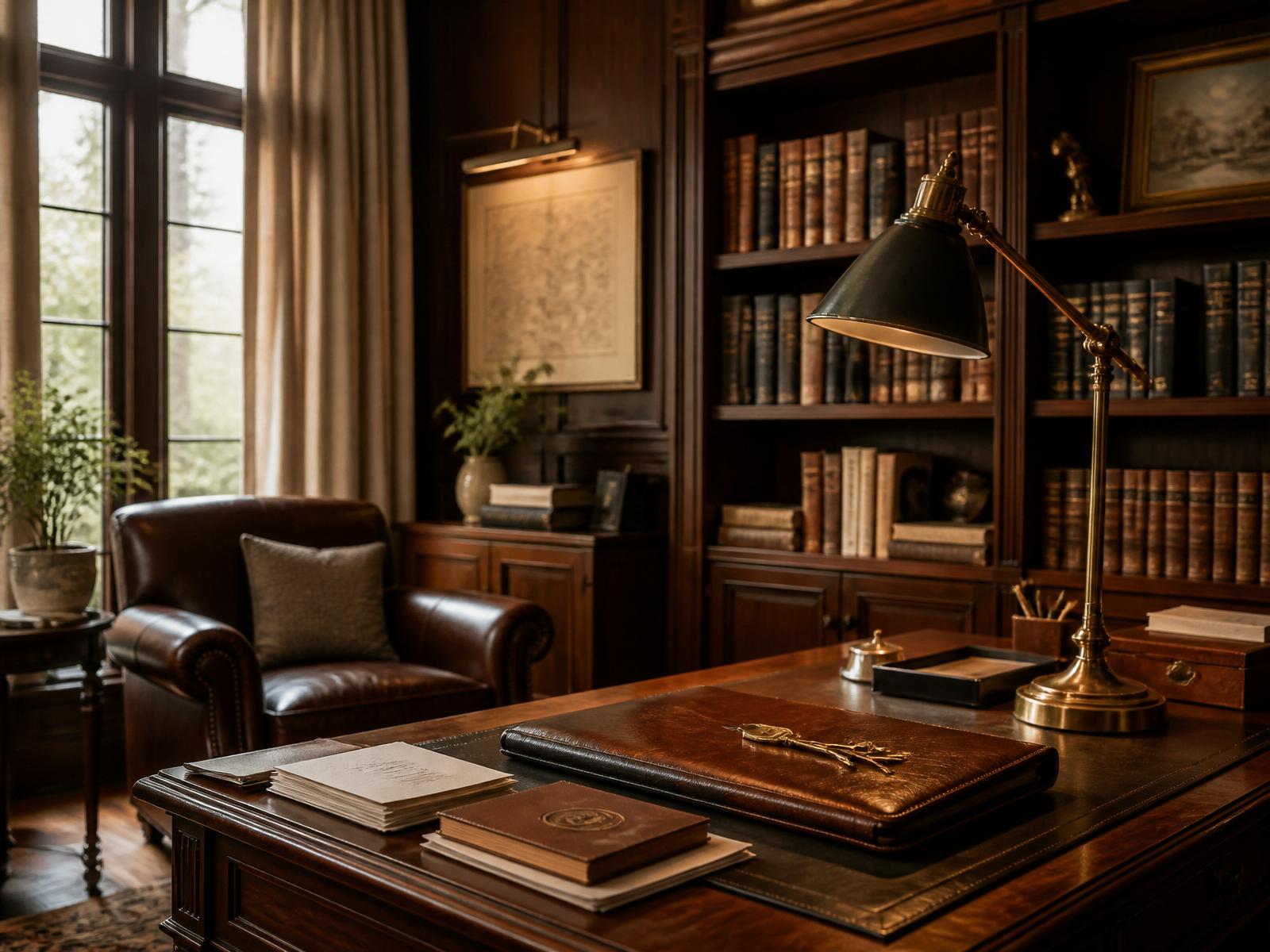 Refined home library with an antique writing desk, brass lamp, and organized documents